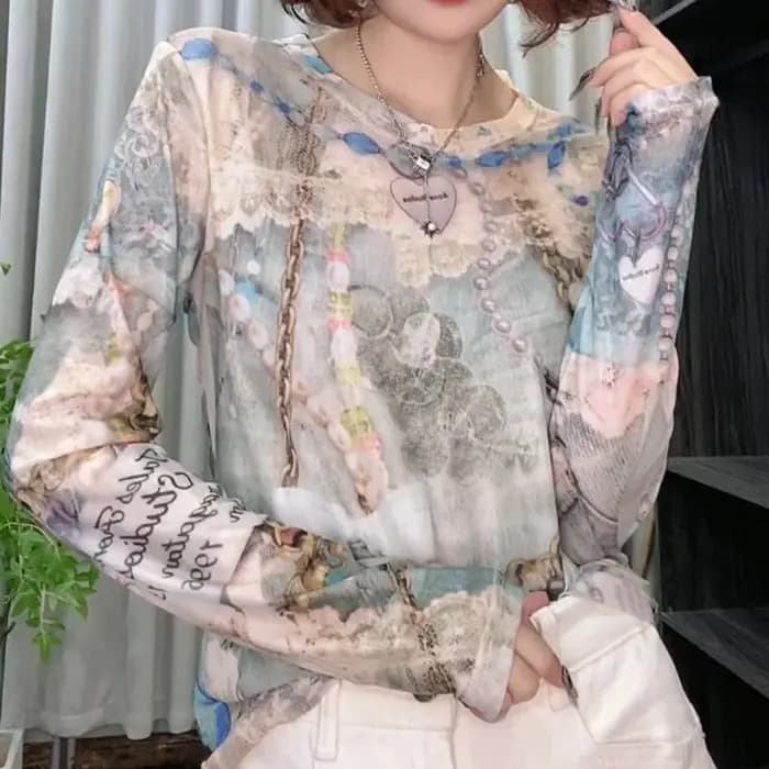 T-shirt à manches longues en maille double couche avec impression numérique 3D pour femme, taille plus, protection solaire, décontracté, polyvalent, fin, printemps-été