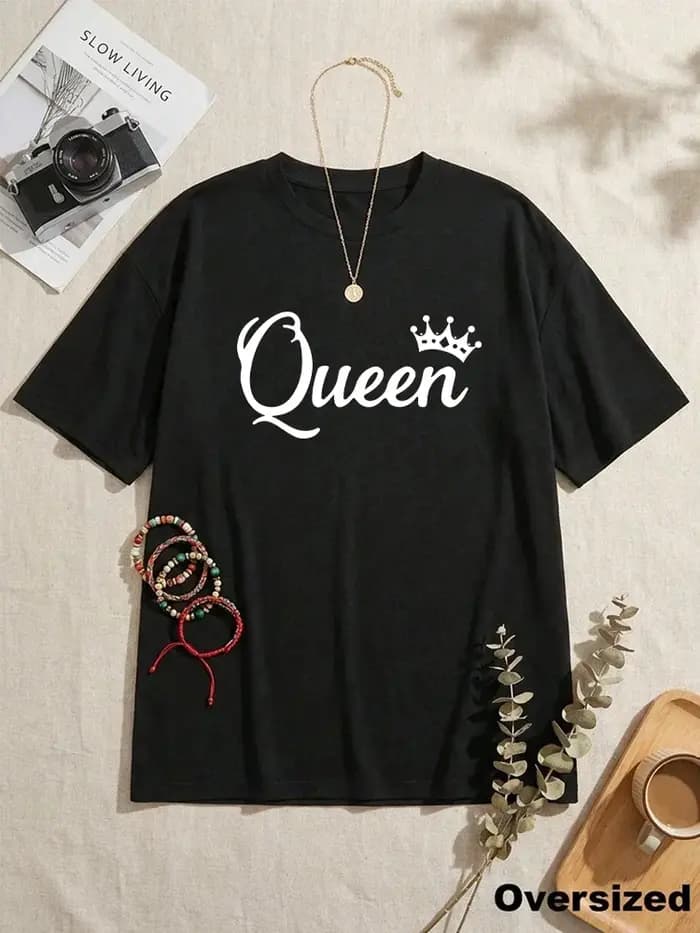 T-shirt Oversize Imprimé Queen 2026 Nouvelle Collection Femme Printemps-Été – Haut Décontracté Quotidien à Manches Courtes en Coton – Vêtements Féminins