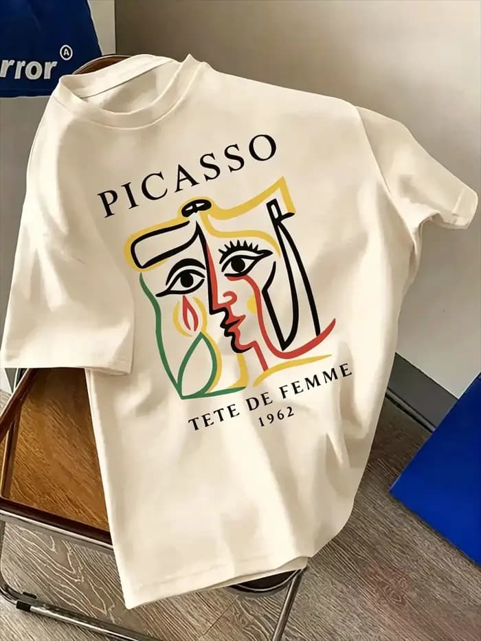 T-shirt pour homme avec imprimé portrait de femme Picasso, en coton pur, coupe ajustée, style artist