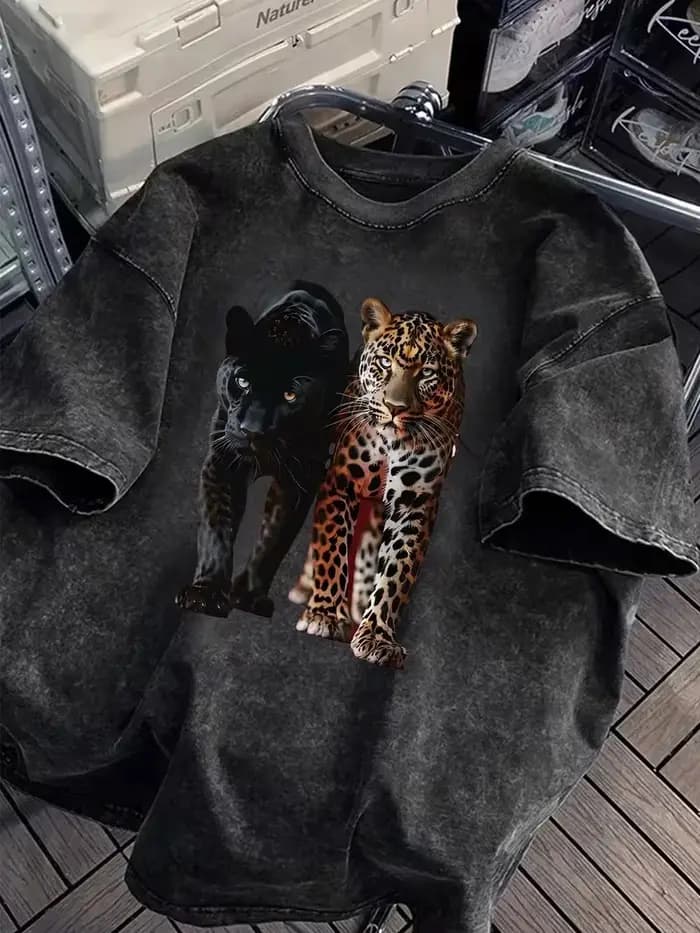 Vintage noir léopard et Jaguar lavé t-shirt Y2K hommes femmes Y2k Streetwear coton t-shirt Harajuku