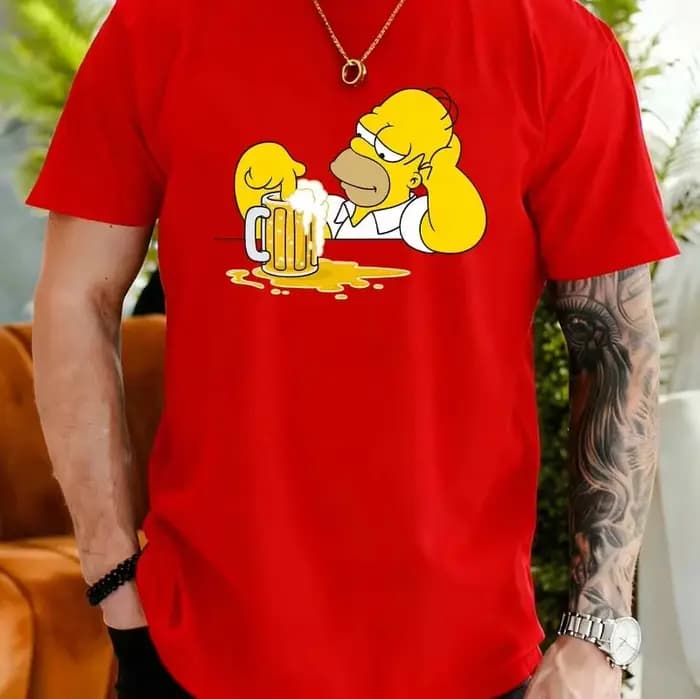 T-shirt décontracté à manches courtes pour hommes, famille Simpsons, motif imprimé Homer buvant de l