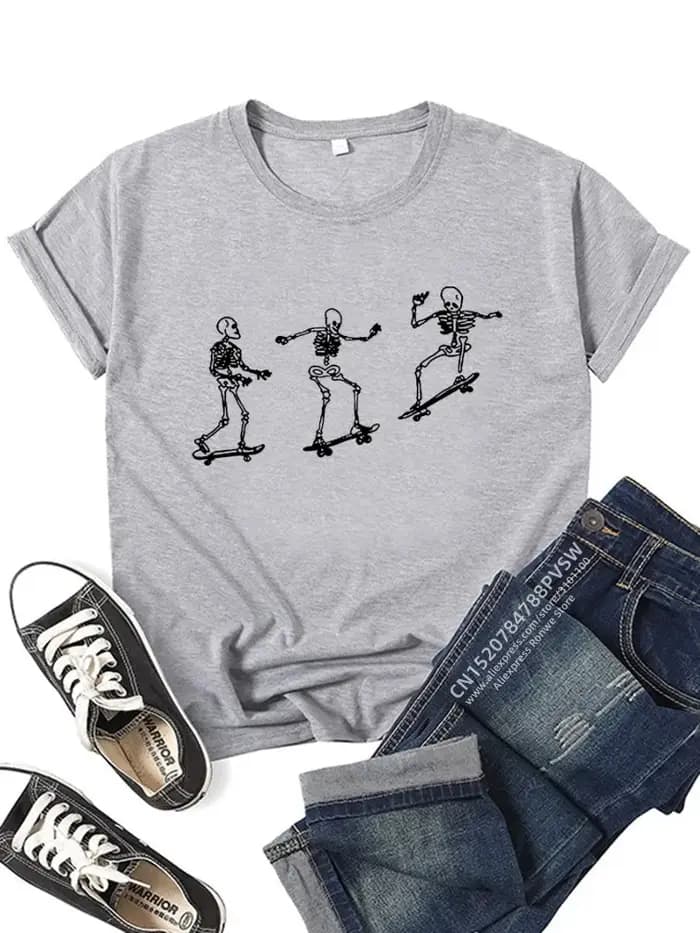 T-shirt à manches courtes Skull Skateboard pour femmes et filles
