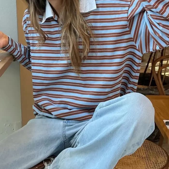 Femmes automne rayé Rugby T-Shirts Y2k Vintage à manches longues surdimensionné sweats col rabattu chemises décontractées hauts pullover