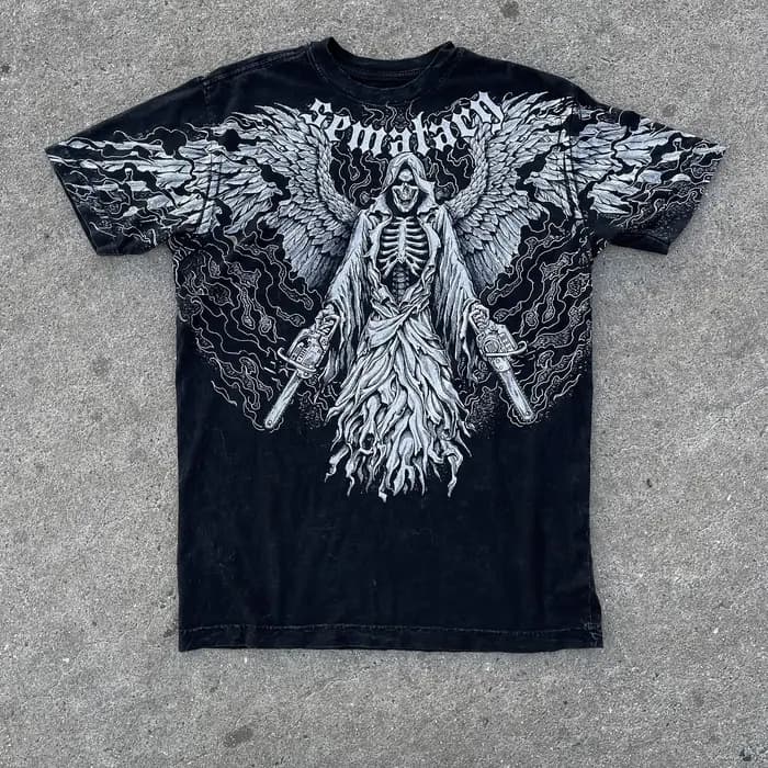Graffiti Style gothique T-Shirt hommes américain Vintage multi-éléments haute rue surdimensionné coton unisexe été haut