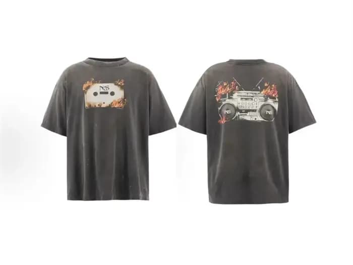 SAINT NaS lettre imprimé magnétophone motif Vintage lavé haute rue T-shirt pur coton col rond ample hommes à manches courtes