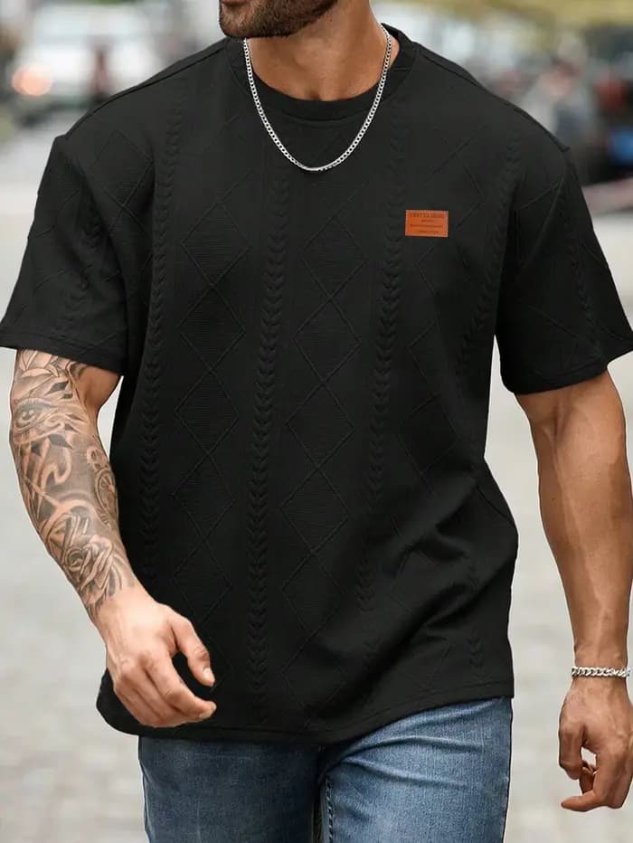 T-shirt jacquard à coupe classique pour homme, manches courtes, décontracté, pour la mode estivale,