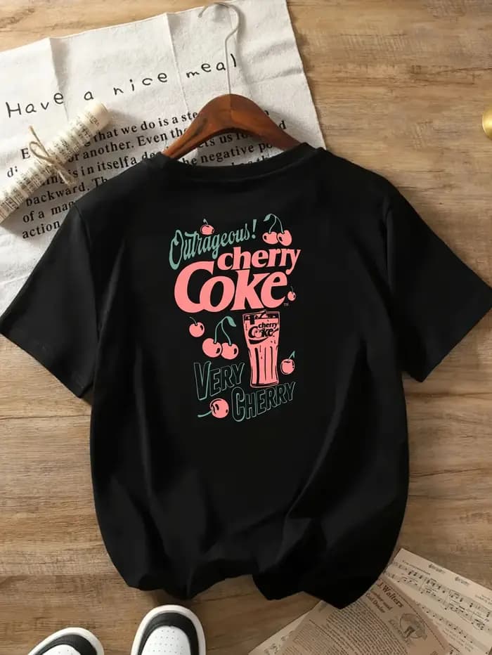 T-shirt graphique vintage Cherry Coke pour femme - Haut à manches courtes et col rond d'inspiration rétro avec motif esthétique sur le devant