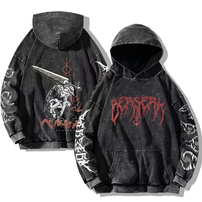 Berserk imprimé délavé sweats à capuche gothique Vintage coton sweat