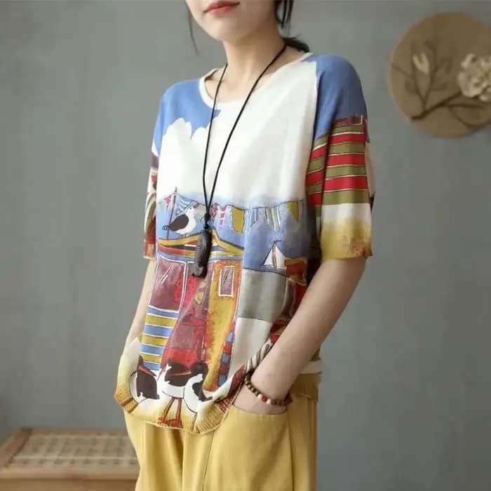 T-shirts en tricot à manches courtes pour femmes, col rond, coupe ample, tendance estivale, imprimé,