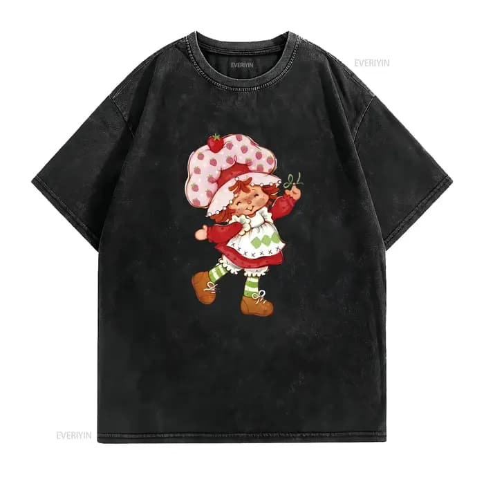 Fraise poupée raccourci mignon nostalgique années 2000 Y2k 2003 à la mode coton lourd t-shirt vintage lavé étiré doux streetwear