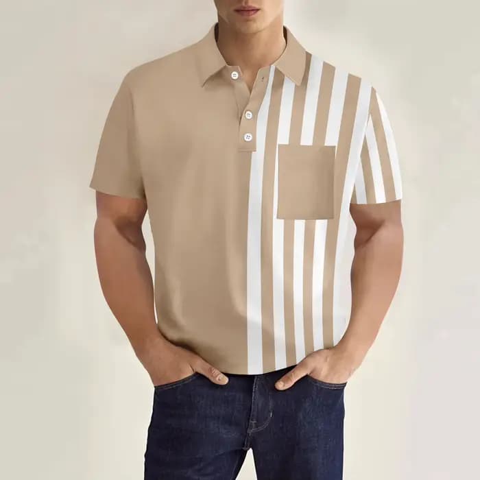 Nouveau T-shirt décontracté pour homme avec poche poitrine, col en V, boutons, imprimé rayé, polyval