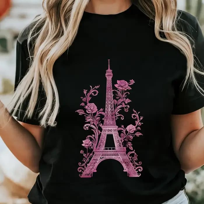 T-shirt Tour Eiffel Paris Rose Floral Vintage Cadeau Souvenir Français Vêtements Femme Mode