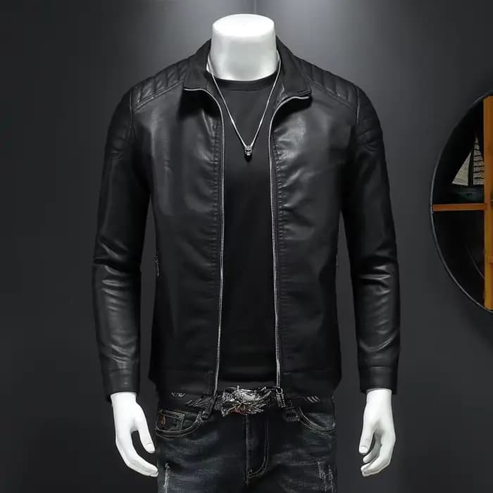Veste de motard en cuir monochrome pour hommes