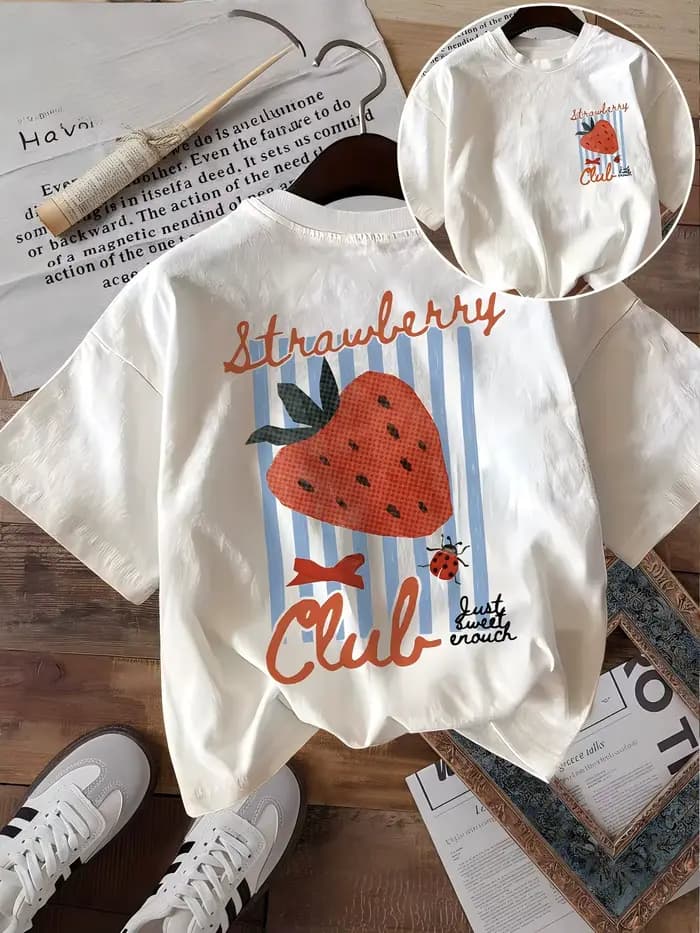 T-shirt graphique Cute Strawberry Club pour femme | T-shirt d'été à rayures bleues et imprimé frui