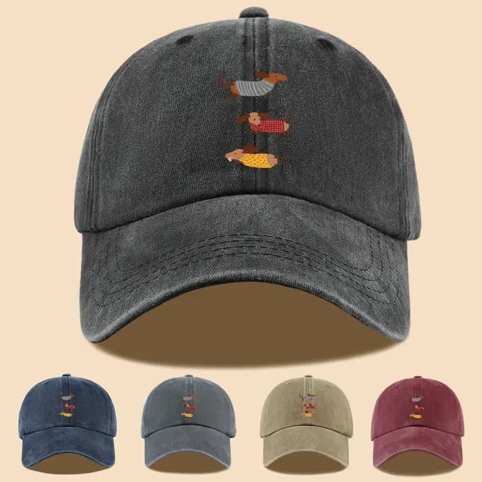 Casquette de baseball avec imprimé amusant de trois teckels en tenues rayées