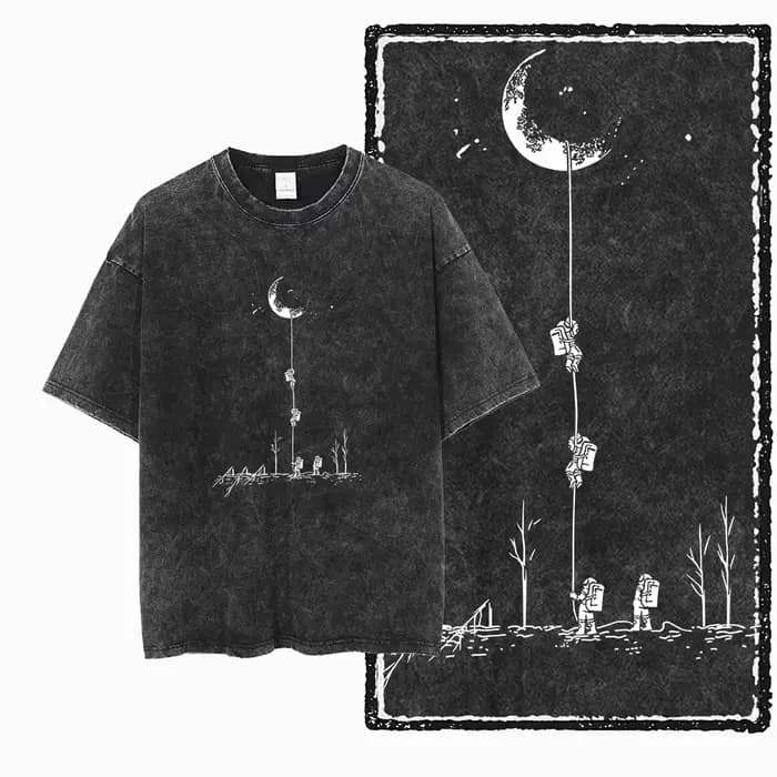 T-shirt unisexe en coton lavé imprimé sur le thème de l'espace, style streetwear cool, coupe ample e