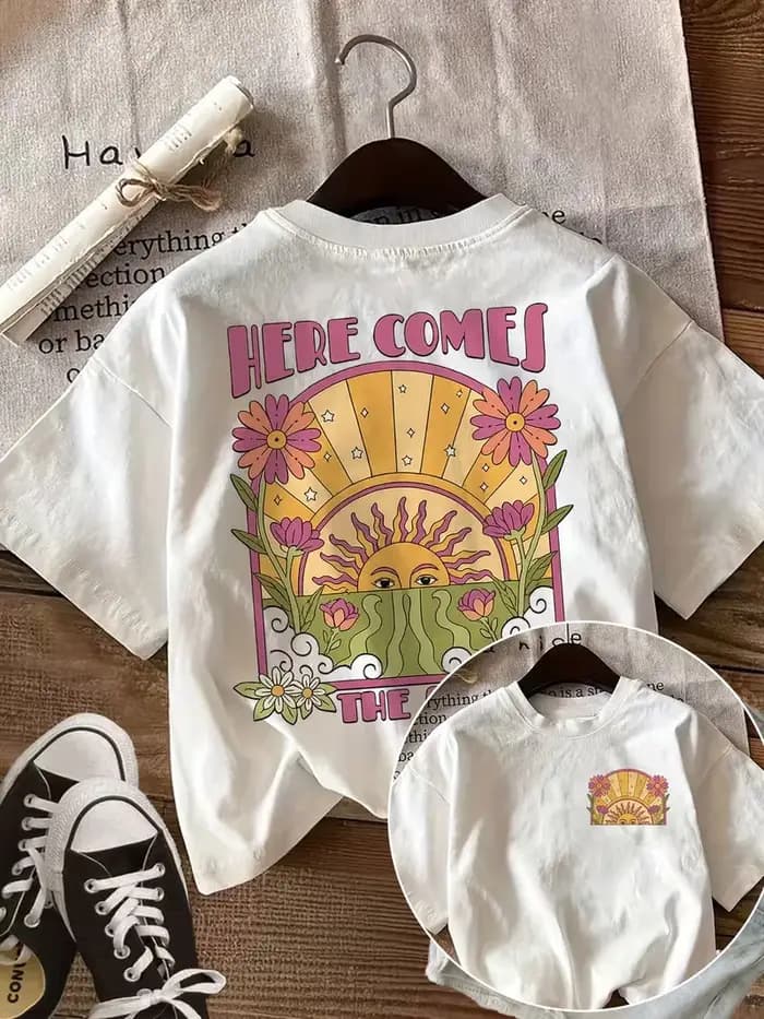 T-shirt Here Comes The Sun, T-shirt graphique floral bohème - Haut d'été hippie des années 70, impri