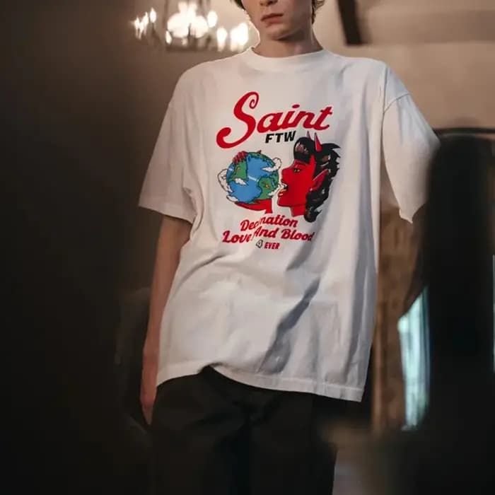 High Street Red Devil Letters Logo imprimé Saint T-Shirt haute qualité coton Vintage blanc