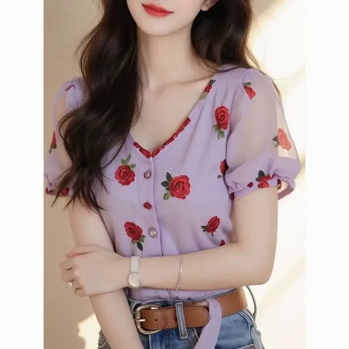 Chemise à manches courtes et col en v pour femmes