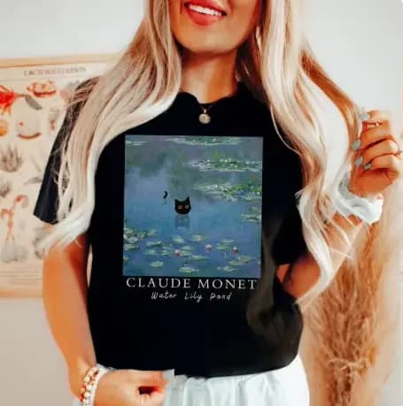 WATER LILY POND T-shirt natation chat noir chemise Art amant cadeau Monet inspiré