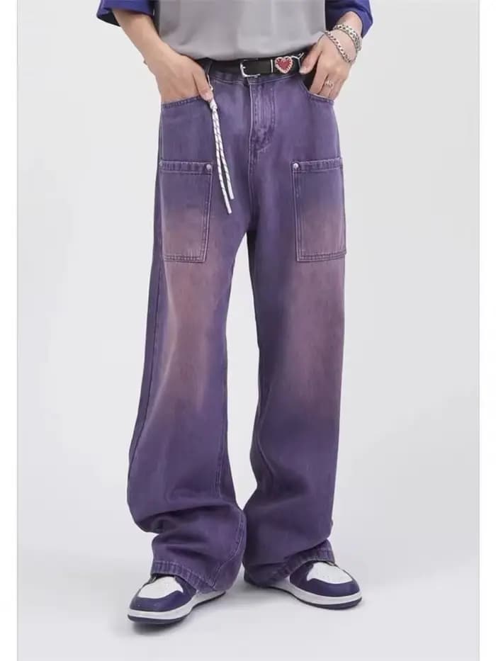 Japonais hommes jean mode violet vert ample droit Vintage décontracté Streetwear Skateboard danse De