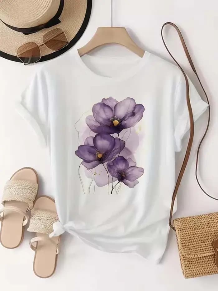 T-shirt femme violet aquarelle fleurs imprimé T petit haut filles Y2k vêtements été à manches courte