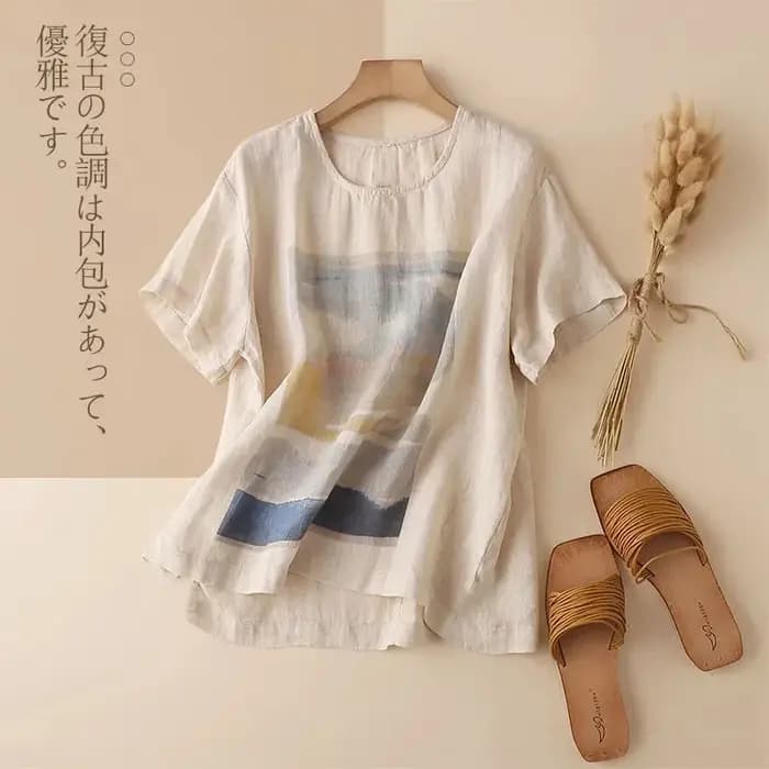 Blanc cravate colorant Art impression coton lin col rond manches courtes T-Shirt femmes Blouse chemise mode coréenne femme vêtements hauts