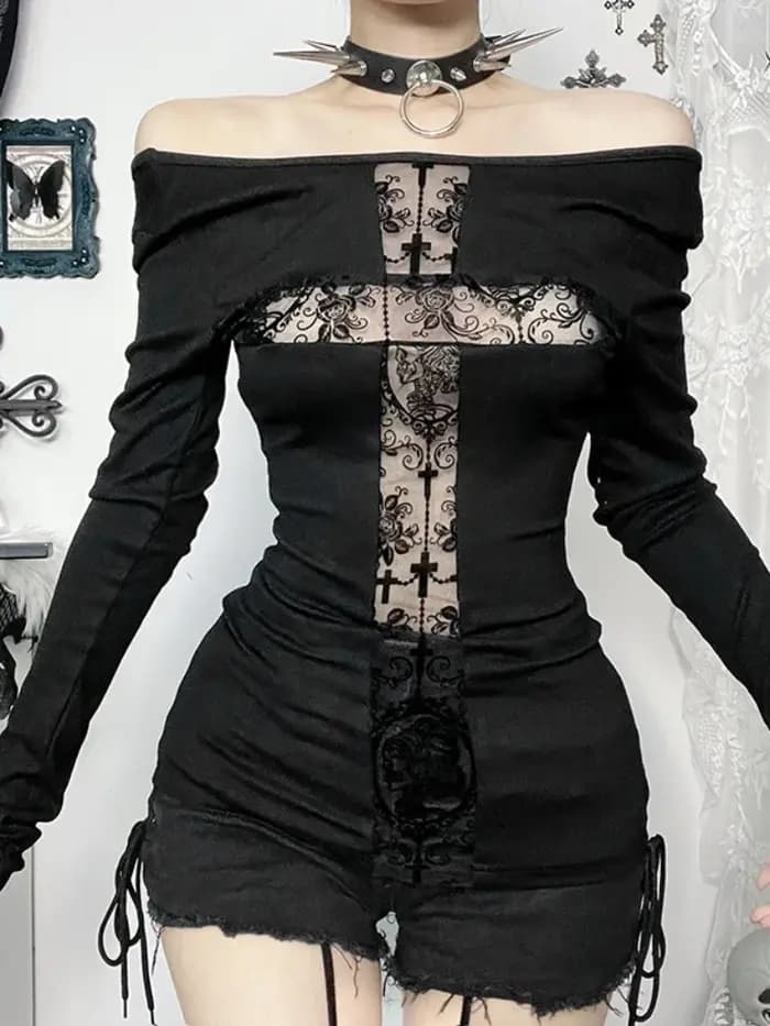 T-shirt gothique en maille évidée pour femme