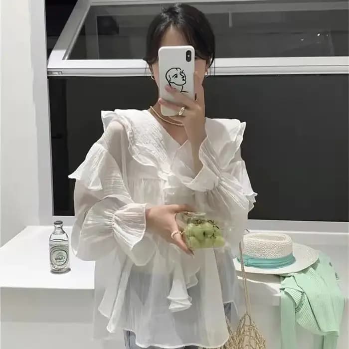 Xgoth à volants col en v manches à bulles Blouses femmes vêtements printemps/automne nouveau élégant minceur