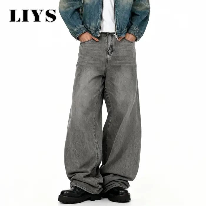 Jean Américain Rétro Baggy à Jambes Larges Gris Noir pour Homme – Printemps-Été