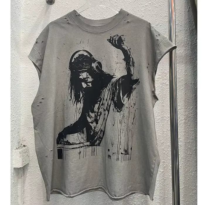 High Street sale endommagé trou dieu est un DJ débardeurs hommes femmes surdimensionné Saint manches-coupées T-Shirt