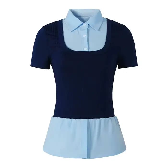 T-shirt pour femme Printemps-Été Bleu marine et bleu clair à contraste avec ourlet à volants, pour l