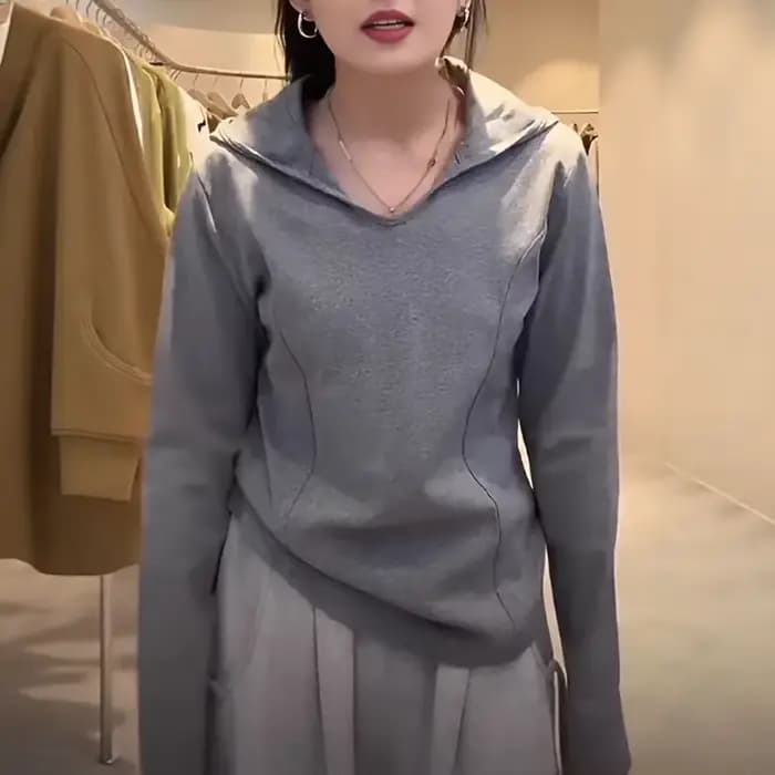 T-shirt à capuche à manches longues en arête de poisson pour femmes début d'automne nouveau haut ample amincissant à couches intérieures