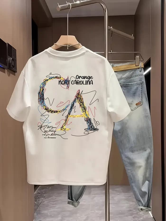 T-shirt pour homme, 100% coton, imprimé lettres, coupe ample, polyvalent, décontracté, confortable,