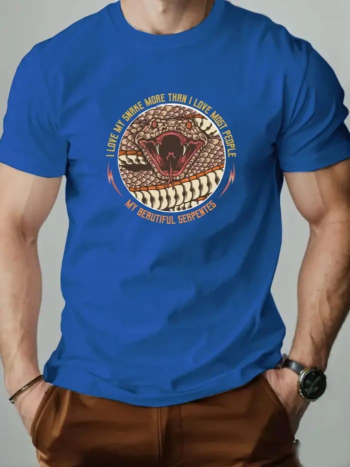 T-Shirt homme 100% coton dessin animé Animal serpent imprimé été surdimensionné col rond respirant décontracté manches