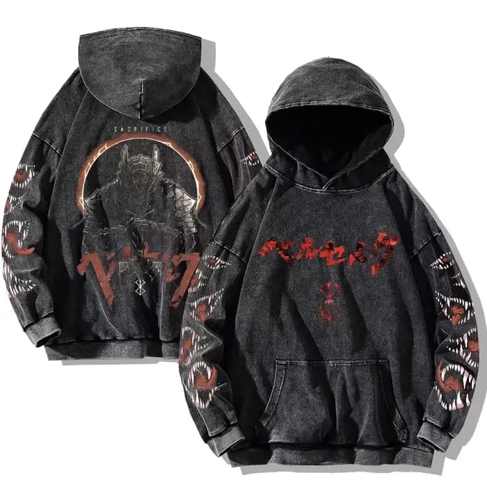 Berserk imprimé délavé sweats à capuche gothique Vintage coton sweat à capuche Y2k surdimensionné à