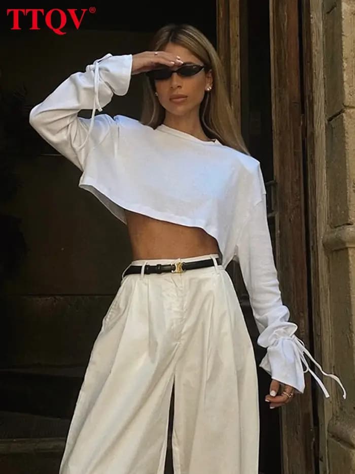 TTQV mode ample blanc coton femmes chemise décontracté col rond à manches longues dame