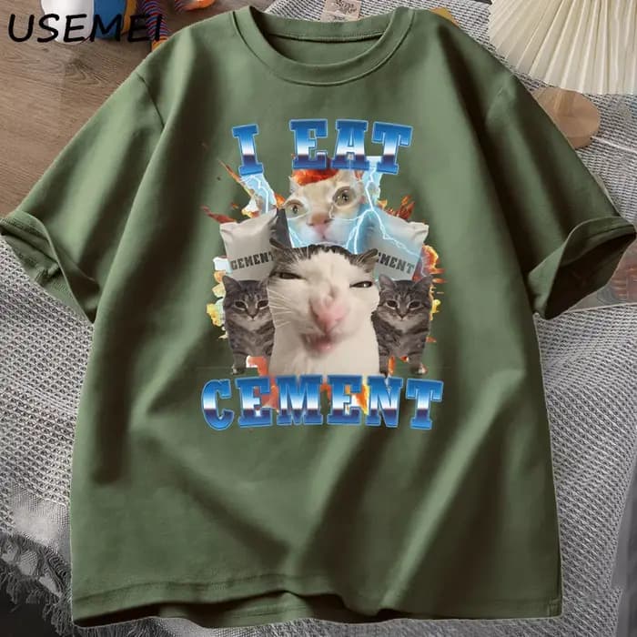Je mange du ciment drôle chat Meme t-shirt coton à manches courtes stupides chats laides imprimé t-shirt décontracté col rond t-shirts graphiques t-shirts