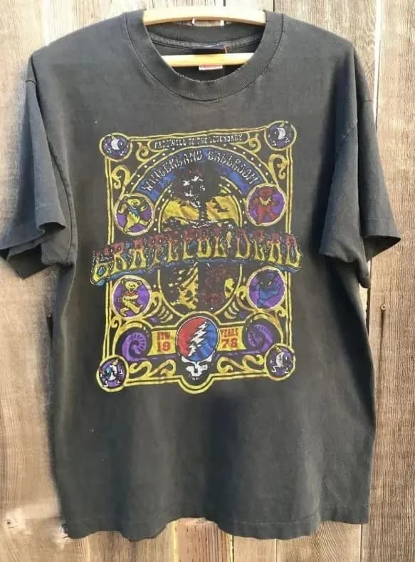 Vtg Grateful Dead Winterland Ballroom Tour Chemise en coton anthracite T-shirts pour hommes T-shirt vintage