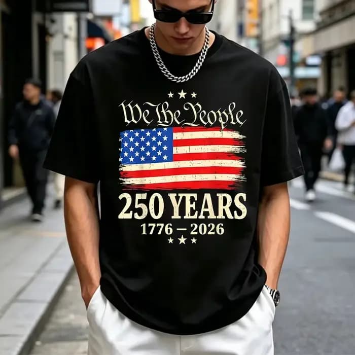 T-shirt vintage à manches courtes pour hommes, avec drapeau américain, 250e anniversaire, imprimé We The People, décontracté, patriotique, pour le 4 juillet
