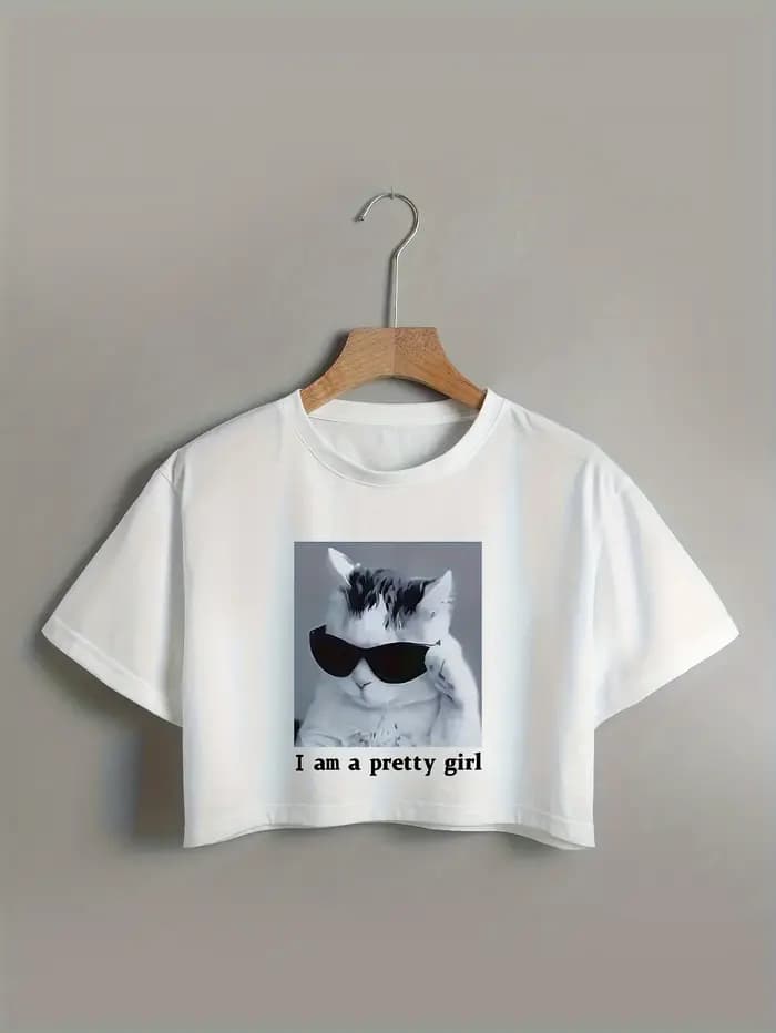 Cool chat & lettre impression T-Shirt court décontracté col rond manches courtes