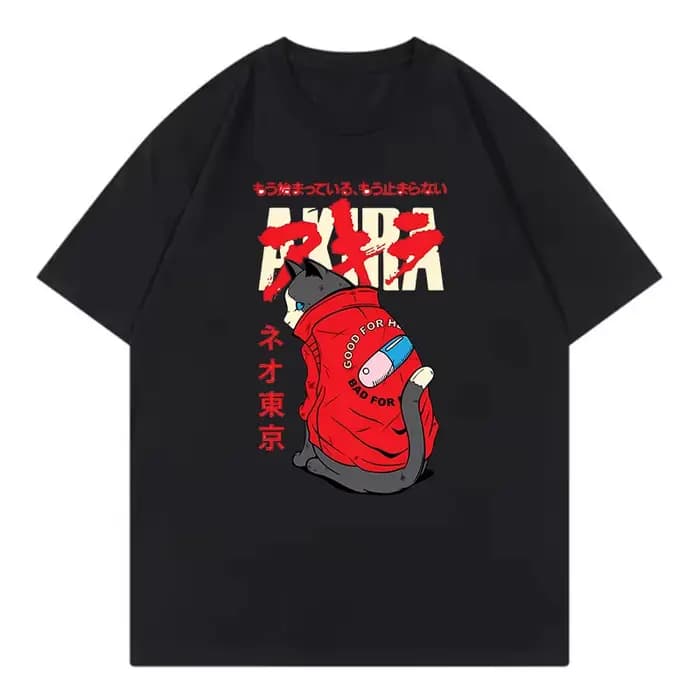 T-shirt drôle pour hommes et femmes, Anime japonais Akira Tokyo Cat, col rond, manches courtes, Hip