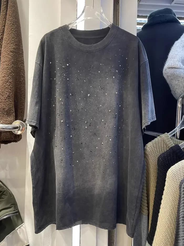 Rétro lavé strass T-shirt été femmes col rond manches courtes surdimensionné t-shirts femme mode hauts amples