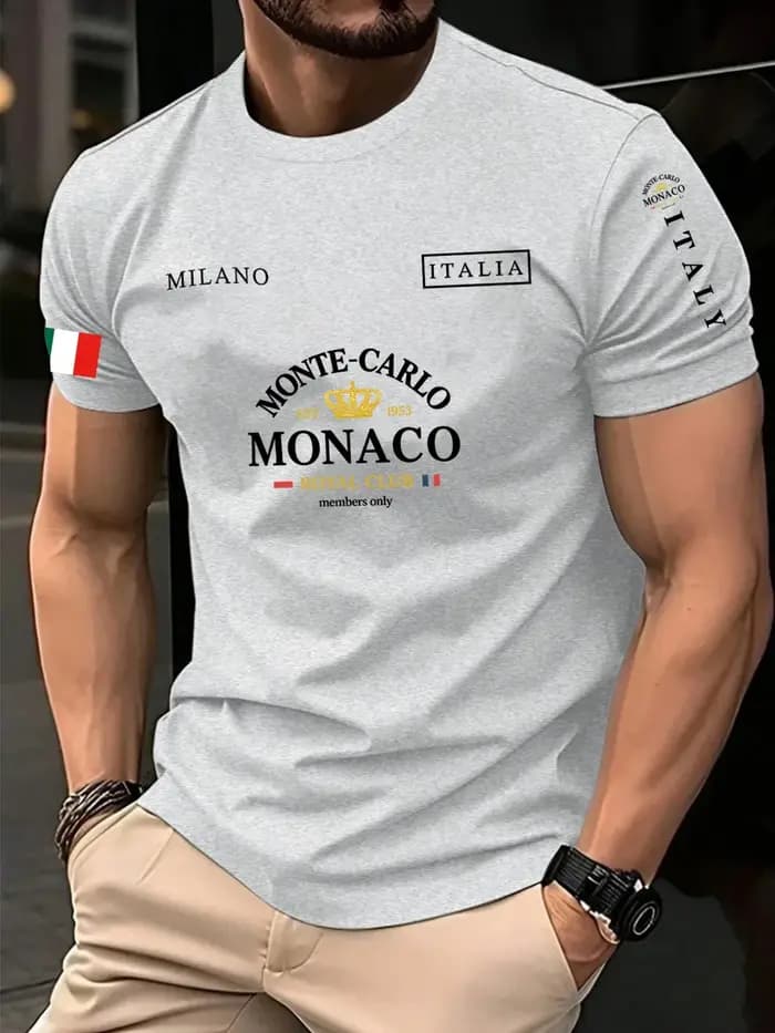 T-shirt d'été pour homme à imprimé 3D Lettre Monaco