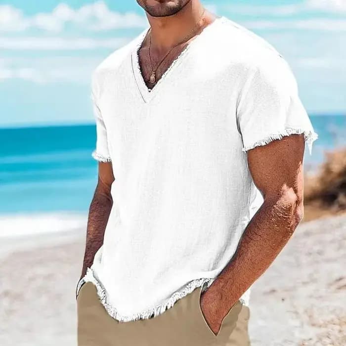 Bord de mer plage décontracté hommes lin t-shirts mode d'été couleur unie respirant T-shirt