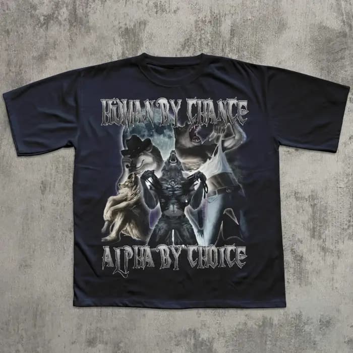 T-shirt drôle et ironique « Human By Chance Alpha By Choice » avec loup déchirant
