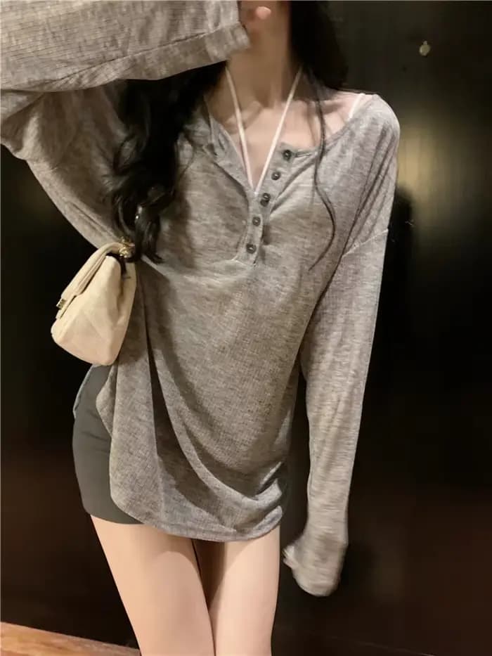 T-shirt fin à manches longues coréen pour femmes