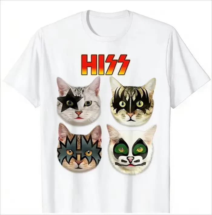 T-shirt décontracté en coton doux avec imprimé chat HISS KISS Band pour les fans de musique rock et