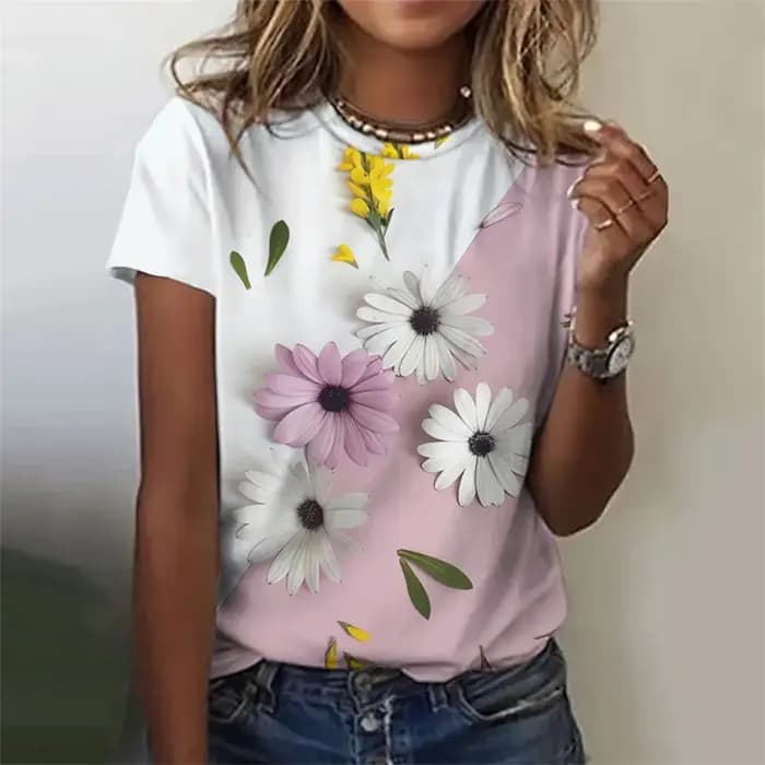 T-shirt à Manches Courtes et Col Rond pour Femme