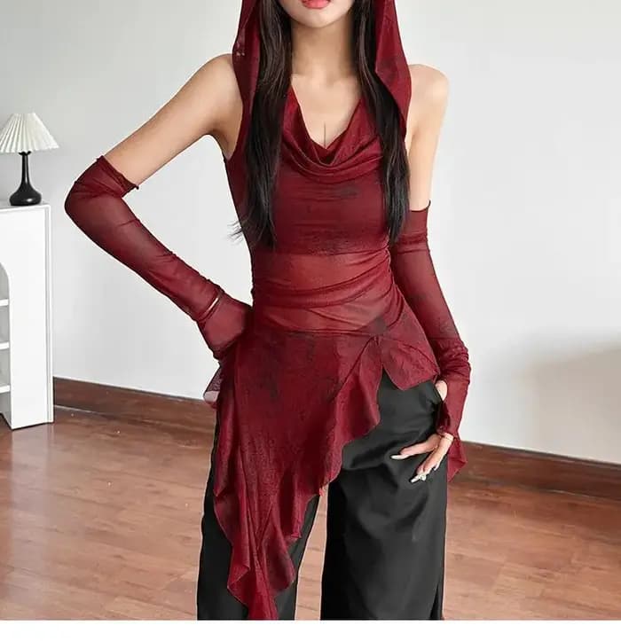 Haut en maille rouge transparente, t-shirt à capuche streetwear, hauts à manches irrégulières à vola